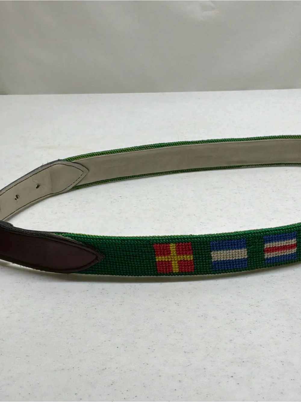 Needlepoint and Leather Nautical Flags Belt Size 30